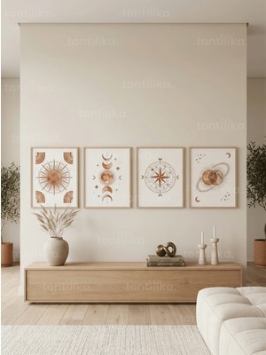 Tontilika Bohem Minimalist Kozmik Gökyüzü 4’lü Ahşap Çerçeveli Tablo Seti