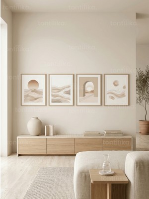 Tontilika Nötr Tonlarda Soyut Doğa Manzaraları 4’lü Ahşap Çerçeveli Tablo Seti