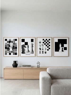 Tontilika Modern Satranç Sanatı 4’lü Ahşap Çerçeveli Tablo Seti