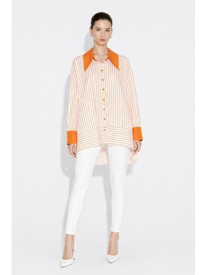 Mizalle Parça Etek Detaylı Çizgili Turuncu  Yazlık Tunik