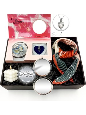As Gift Kişiye Özel Ayna & Istiridye Inci Kolye & Fular & Bubble Mum Hediye Seti