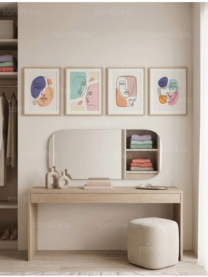 Tontilika Pastel Tonlarda Soyut Insan Yüzleri ve Organik Şekiller 4’lü Ahşap Çerçeveli Tablo Seti