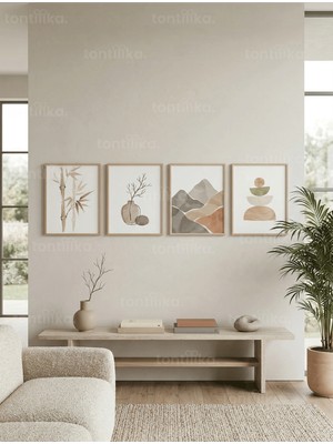 Tontilika Doğal Minimalist Çizimler 4’lü Ahşap Çerçeveli Tablo Seti