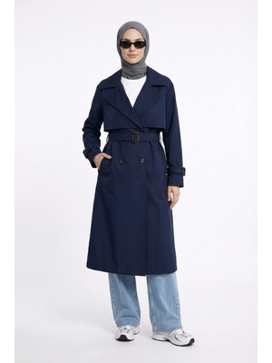 Armine Trend Beli Kemerli Allerli Trençkot Lacivert 26YT711