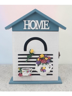 Elifeshop Ahşap Ev Tasarımlı Home Sweet Home Anahtar Askısı Çiçek Detaylı Duvar Organizer 28 cm Duvar Süsü