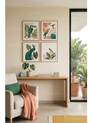 Tontilika Egzotik Kuş ve Tropikal Bitki Motifleri 4’lü Ahşap Çerçeveli Tablo Seti