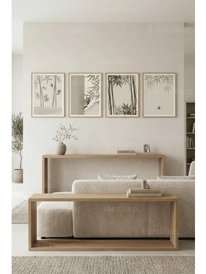Tontilika Sakin Bambu Desenli Modern 4’lü Ahşap Çerçeveli Tablo Seti