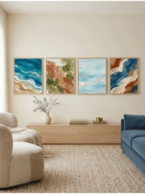 Tontilika Modern Soyut Deniz ve Doğa Manzaraları 4’lü Ahşap Çerçeveli Tablo Seti