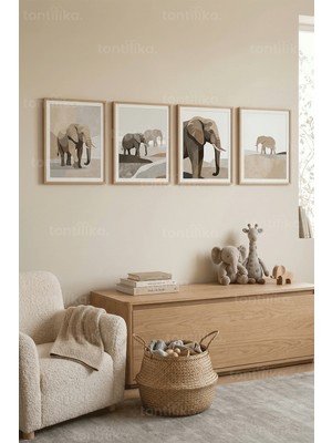 Tontilika Doğal Fil Desenli 4’lü Ahşap Çerçeveli Tablo Seti