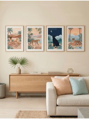 Tontilika Tropik Manzaralı Vahşi Kediler ve Kadın Figürü 4’lü Ahşap Çerçeveli Tablo Seti