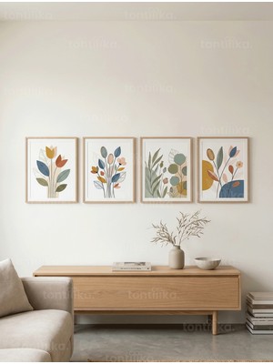 Tontilika Modern Botanik Çizimler 4’lü Ahşap Çerçeveli Tablo Seti