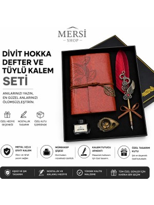 Mersi Shop Divit Hokka Defter ve Tüylü Kalem Seti – Nostaljik Mürekkepli Yazı Seti Hediye Kutulu