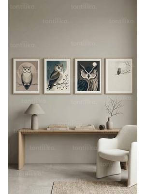 Tontilika Modern Sanat Baykuş Temalı 4’lü Ahşap Çerçeveli Tablo Seti