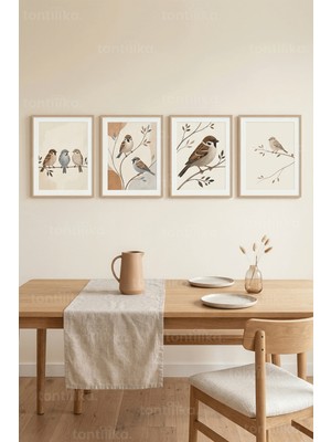 Tontilika Doğadan Serçeler ve Dallı Manzara 4’lü Ahşap Çerçeveli Tablo Seti