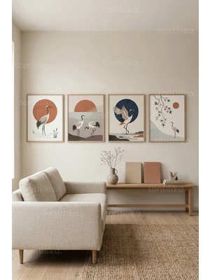 Tontilika Modern Turna Kuşları ve Minimalist Doğa Manzaraları 4’lü Ahşap Çerçeveli Tablo Seti