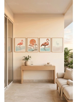 Tontilika Tropikal Flamingolar ve Su Manzaraları 4’lü Ahşap Çerçeveli Tablo Seti