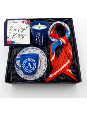 As Gift Kişiye Özel Mavi Fincan & Bardak Mum & Fular Hediye Seti