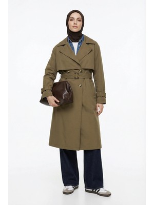 Armine Trend Beli Kemerli Allerli Trençkot Zeytin Yeşili 26YT711
