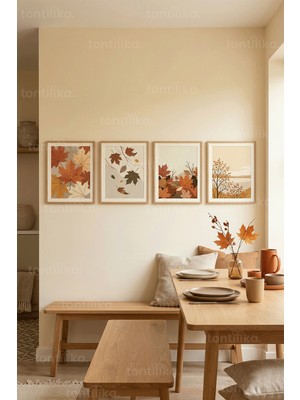 Tontilika Sonbahar Yaprakları Temalı 4’lü Ahşap Çerçeveli Tablo Seti