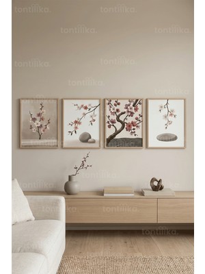 Tontilika Uzak Doğu Kiraz Çiçekleri ve Zen Taşları 4’lü Ahşap Çerçeveli Tablo Seti
