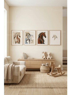 Tontilika Sakin Tonlarda At Temalı 4’lü Ahşap Çerçeveli Tablo Seti