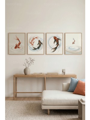 Tontilika Huzurlu Koi Balıkları ve Su Dalgaları 4’lü Ahşap Çerçeveli Tablo Seti