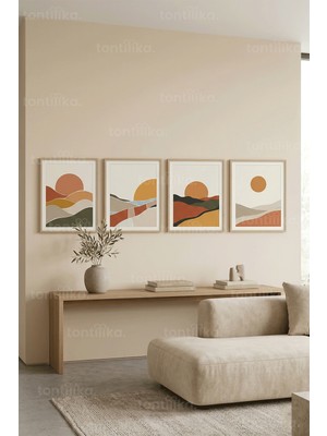Tontilika Doğal Tonlarda Soyut Manzara ve Güneş Motifli 4’lü Ahşap Çerçeveli Tablo Seti