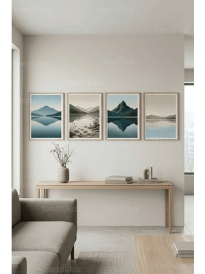 Tontilika Minimalist Dağ Göl Manzaraları 4’lü Ahşap Çerçeveli Tablo Seti