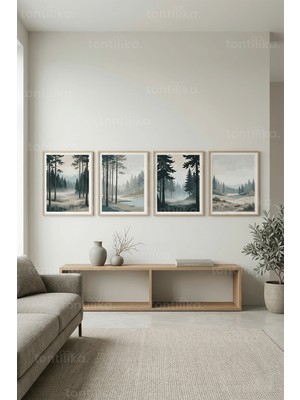 Tontilika Mistik Orman Manzaralı 4’lü Ahşap Çerçeveli Tablo Seti