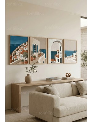Tontilika Akdeniz Sahil Kasabaları ve Deniz Manzaraları 4’lü Ahşap Çerçeveli Tablo Seti