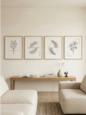 Tontilika Minimalist Botanik Çizimler 4’lü Ahşap Çerçeveli Tablo Seti
