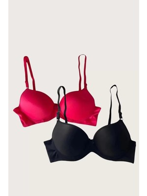 Modenya Siyah-Kırmızı 2'li Mikro Kumaş Push Up Dolgulu Balenli Günlük Destekli Sütyen