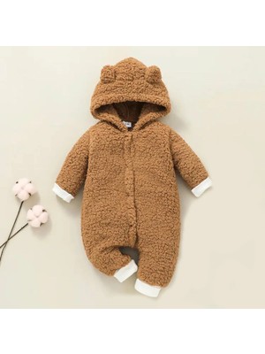 Bubito Kışlık Tatlı Kapşonlu Bebek Peluş Welsoft Tulum Kahverengi
