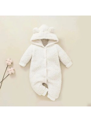 Bubito Kışlık Tatlı Kapşonlu Bebek Peluş Welsoft Tulum Beyaz