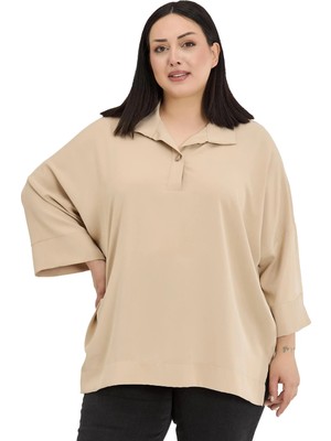 Disentis Modest Büyük Beden Gömlek Yaka Düşük Truvakar Kollu Rahat Kesim Bej Rengi Bluz