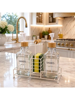 Makri Home Bambu Kapaklı İkili Cam Sıvı Sabunluk & Deterjanlık Seti 2×500 Ml Şık Tasarım