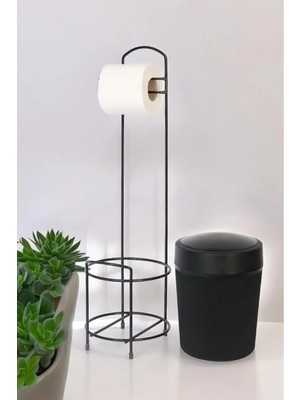 PremiumPort Şık Metal Standlı Banyo ve Mutfak Çöp Kovası Seti, Siyah Renk