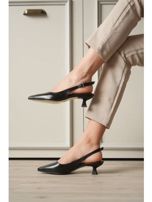 Zerenyus Weimar Premium Siyah Sivri Burun Slingback Kısa Topuklu Ayakkabı