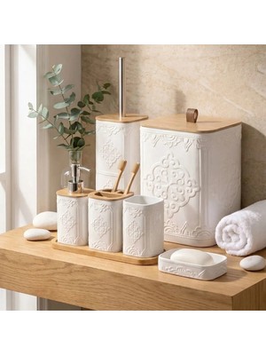 Makri Home 7 Parça Desenli Kare Bambu Kapaklı Beyaz Banyo Seti, Hacim: 8 Litre