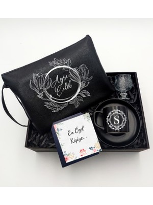 As Gift Kişiye Özel Siyah Makyaj Çantası & Siyah Fincan & Kahve Yanı Cam Su Bardağı Hediye Seti