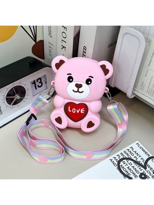 Pembe Kız Çocuk Teddy Bear Ayıcık Figürlü Silikon Mini Çapraz Çanta Love Yazılı Pastel Renk Askılı