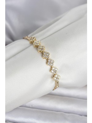 Toptan Bulurum Pirinç Gold Renk Yonca Model Zirkon Taşlı Kadın Bileklik