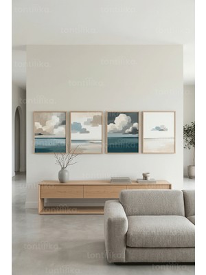 Tontilika Modern Soyut Deniz ve Gökyüzü Manzarası 4’lü Ahşap Çerçeveli Tablo Seti