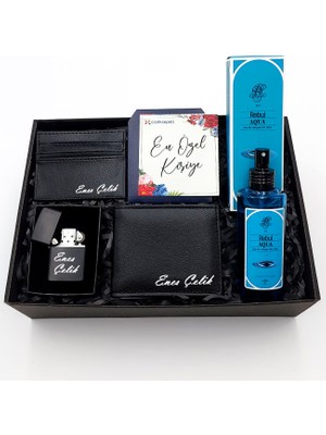 As Gift Kişiye Özel Siyah Cüzdan & Kartlık & Zippo Tarzı Çakmak & Rebul Kolonya Hediye Seti