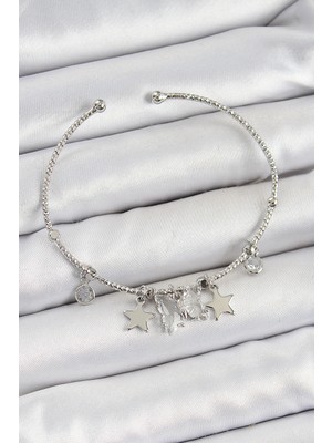 Toptan Bulurum Pirinç Zirkon Taşlı  ve Yıldız Model Gümüş Renk Charm Bileklik