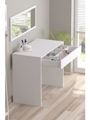 Bicabin Arya Novella Aynalı Bölmeli Organizer Çekmeceli Makyaj Masası -Beyaz