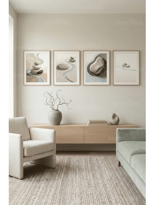 Tontilika Modern Zen Akışkan Taşlar 4’lü Ahşap Çerçeveli Tablo Seti