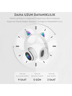 Mabeyn Kedi Kulak Rgb LED Işıklı Kablosuz Bluetooth Kulaklık Mikronlu Hafıza Kartı Girişli Kedi Kulaklık (Beyaz)