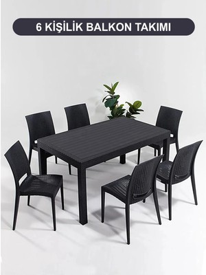 Mandella 90 x 150 6 Kişilik Antrasit Plastik Bahçe Mobilyası Mutfak Balkon Takımı