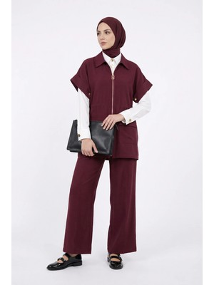 Armine Trend Tam Fermuarlı Cepli Beli Büzgülü Pantolonlu Ikili Takım Bordo 26YT6127